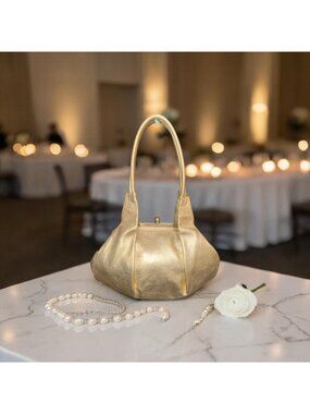 VTG HOBO Blanche Satchel Gold Metallic Leather Fortune Cookie Frame Clasp Lock